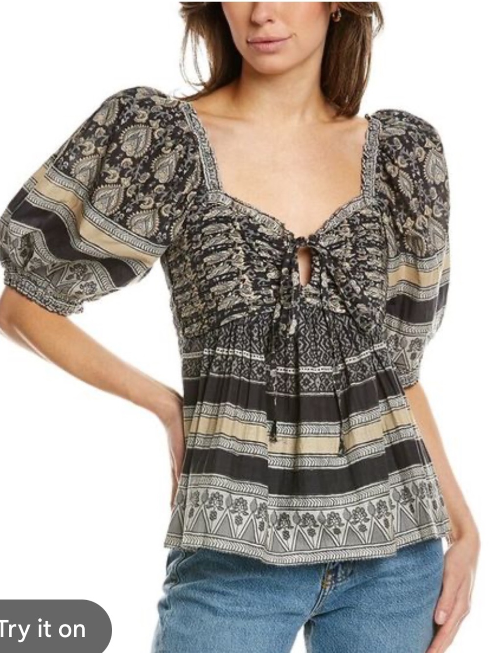 Sea New York Tasha Top Puff Sleeve Pleated Boho Blouse XS